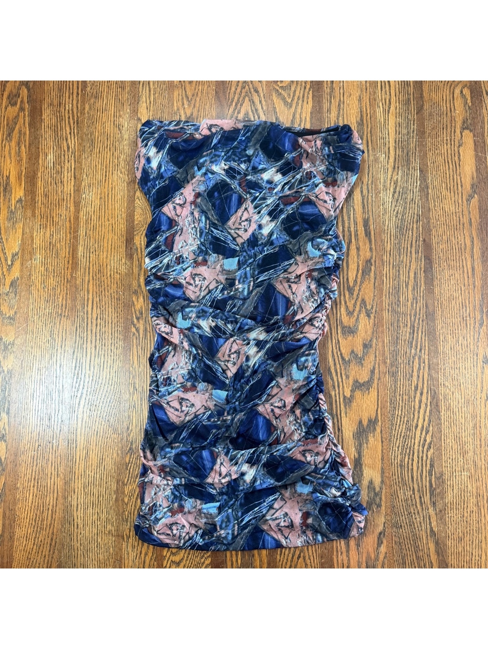 Vivienne Tam Vintage Blue Pink Abstract Mesh Ruched Sheath Mini Dress XS